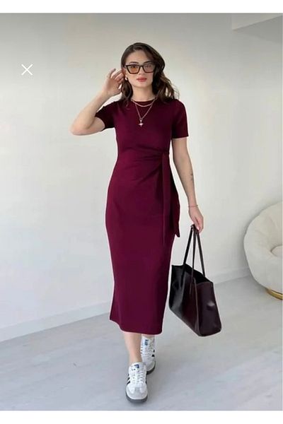 MYCPARL Burgundy Side Tie Midi Dress