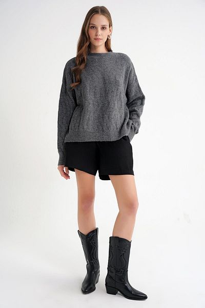 Mixray 6947 Women's Self Patterned Oversize Knitwear Sweater Anthracite