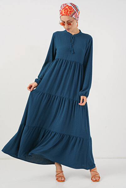Bigdart 1627 Rochie Hijab cu șireturi cu guler - Petrol