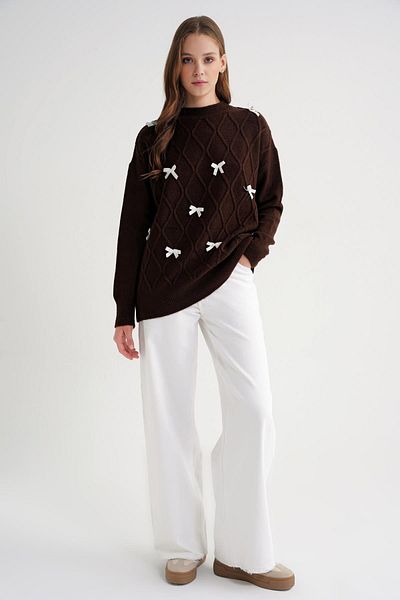 Mixray 6946 Women's Oversize Crew Neck Ribbon Knitwear Sweater Brown