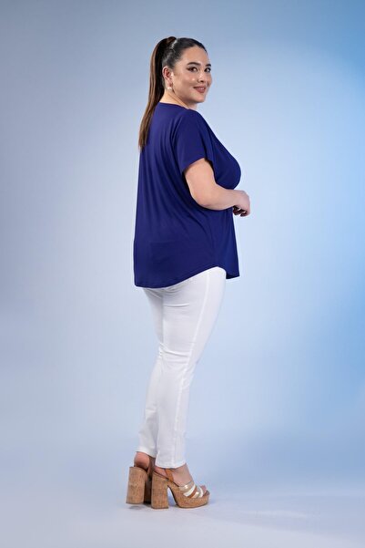 Roxxlen 1122457 Γυναικεία μπλούζα μεγάλου μεγέθους Beria με λαιμόκοψη σε σχήμα V σε μπλε ναυτικό