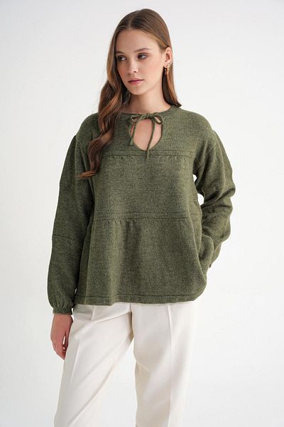 Mixray 6950 Women's Collar Lace-Up Pleated Knitwear Sweater Khaki