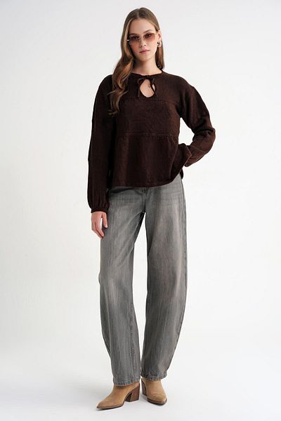Mixray 6950 Women's Collar Lace-Up Pleated Sweater Brown