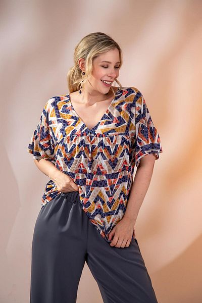 Roxxlen Plus Size V-Neck Blouse Navy Blue