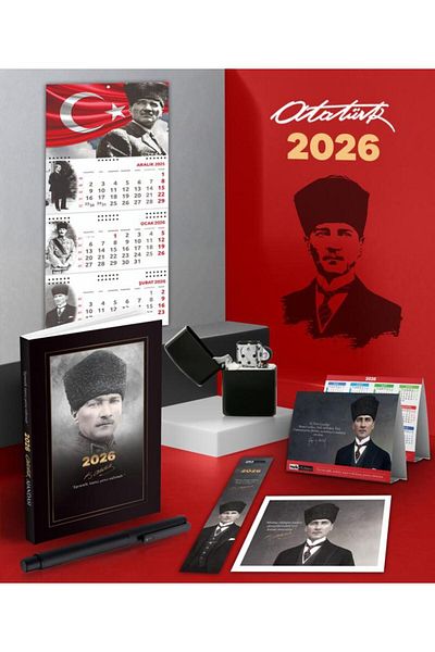 Mor kelebek 2026 Ataturk Commander Agenda - Crescent and Star Wall Calendar - Desk Calendar - Pen and Gasoline Lighter