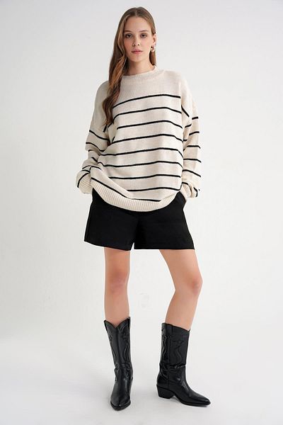 Mixray 6944 Women's Loose Soft Textured Striped Knitwear Sweater Natural