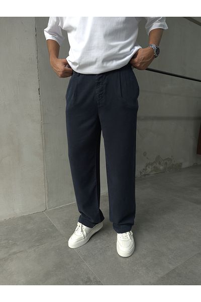 DİFRANSEL Men's Cotton Fabric Navy Blue Baggy Trousers