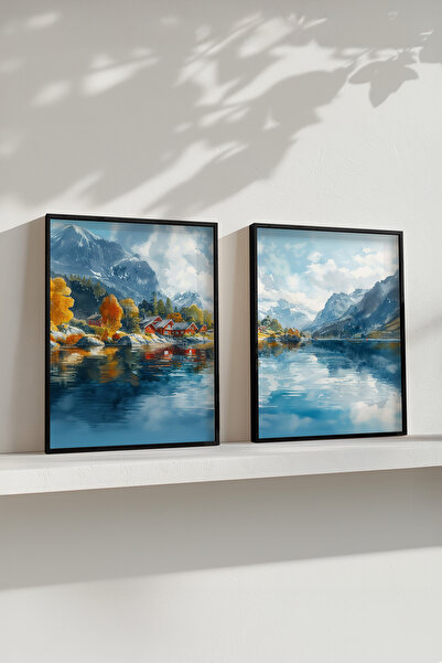 STARYUNA Set de pictură dublă cu cadru negru cu efect de acuarelă cu peisaj n...