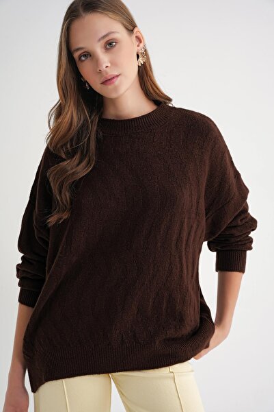 Mixray 6947 Women's Self Patterned Oversize Knitwear Sweater Brown
