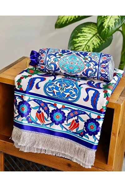 Bilenler Marbled Patterned Silk Textured Pockets Prayer Rug Blue