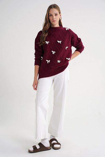 Mixray 6946 Women's Oversize Crew Neck Ribbon Knitwear Sweater Claret Red