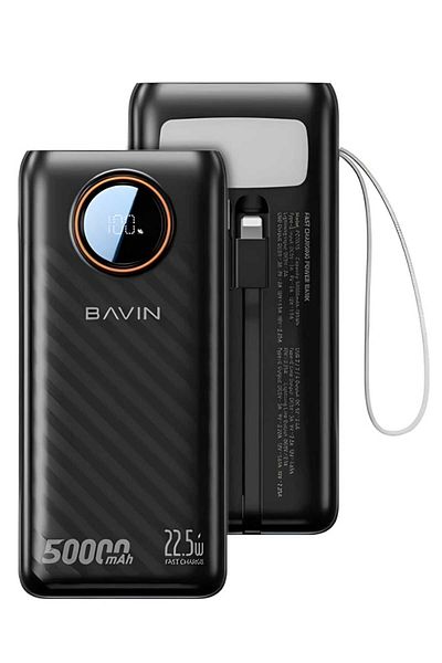 Bavin 50000mAh Power Bank with 2 Built-in Cables, Hanging Lanyard, and Built-in 22.5W LED Light