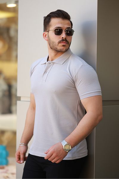 COMBİNE MİCHAİL Men's Basic Short Sleeve Gray Polo Neck T-Shirt