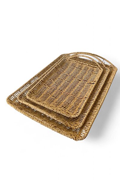 ALBETTO 3-piece tray, plastic rattan rectangle tray, decorative tray