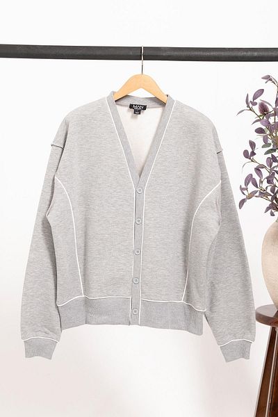 For You Man Men's Cardigan with V-Neck Piping and Buttons |   Gray