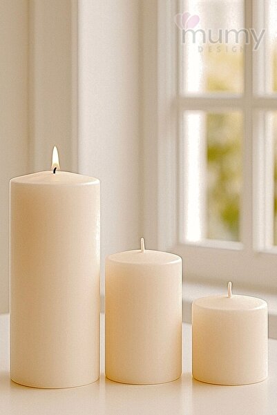 Mumy Desing Büyük Boy 3 Lü Set Vanilya Kokulu Dev Mum Krem 10 Çap Boy 10-15-2...