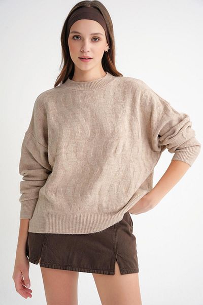 Mixray 6947 Women's Self Patterned Oversize Knitwear Sweater Beige