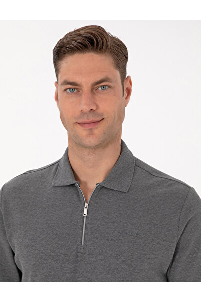 Pierre Cardin Antrasit Melanj Slim Fit Kıvrılmaz Fermuarlı Polo Yaka Basic Pike Sweatshirt 50314046-VR081