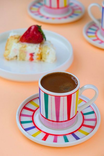 tabakevi Plate House Porcelain Color Stripe Coffee Cup Set 90Cc 2 Person 4 Pieces