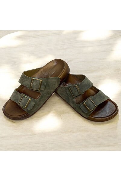 KAFKASLAR AYAKKABI Orthopedic Two-Buckle Men's Khaki Slippers