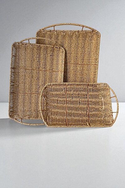 ALBETTO 3-piece tray, plastic rattan rectangle tray, decorative tray