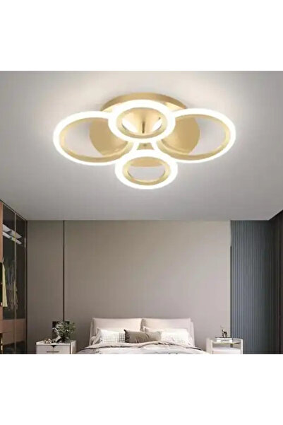 LED CONCEPT Lustra LED cu 3 tipuri de lumina si telecomanda, aurie, rotunda, ...