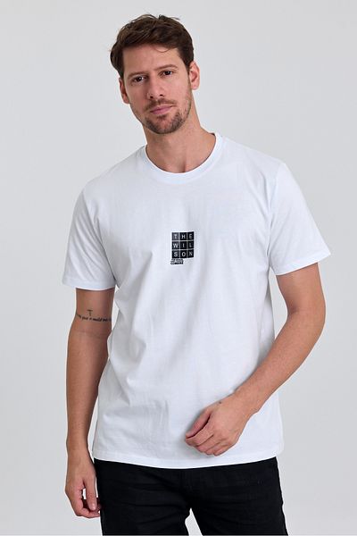 COMBİNE MİCHAİL Men's Short Sleeve Text Print Loose White T-Shirt