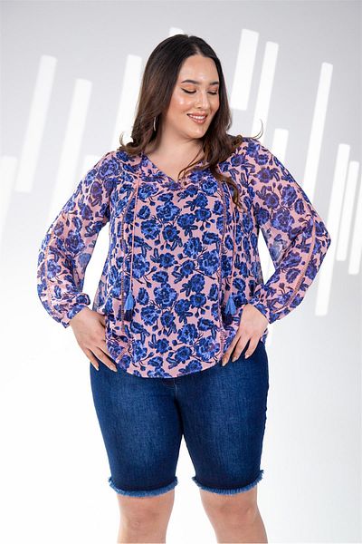 Roxxlen Plus Size Floral Chiffon Blouse Blue Floral