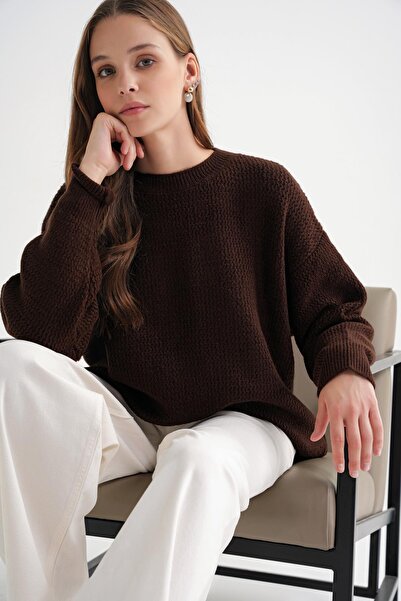Mixray 6949 Women's Crew Neck Thin Knitted Sweater Brown