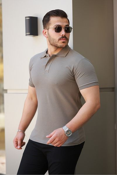 COMBİNE MİCHAİL Men's Basic Short Sleeve Coffee Polo Neck T-Shirt