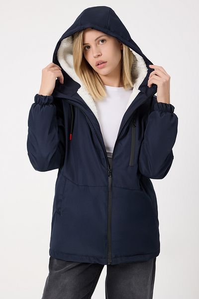 Royalside Women's Navy Blue Fur Water and Windproof Hooded Winter Coat & Coat & Parka