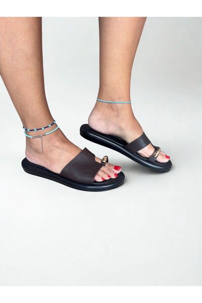 NE&VE SHOES Γυναικείες σαγιονάρες καφέ από γνήσιο δέρμα με χοντρή σόλα