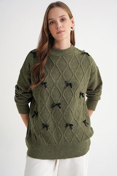 Mixray 6946 Women's Oversize Crew Neck Ribbon Knitwear Sweater Khaki