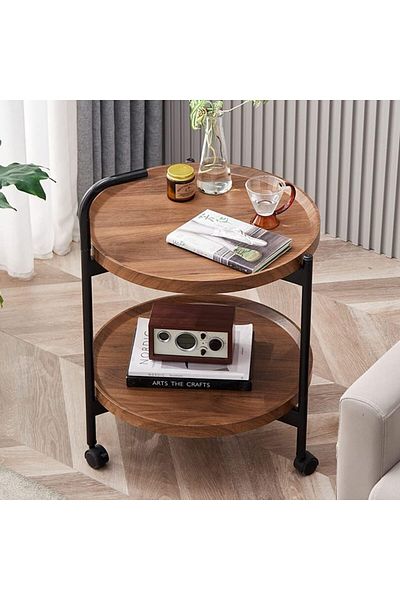 awwaline Round Coffee Table with Wheels, Awwaline, Wood, Brown, 2 Levels, 41 x 41 x 69 cm