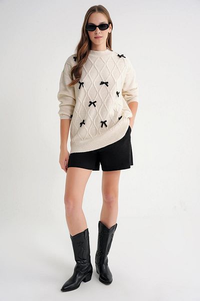Mixray 6946 Women's Oversize Crew Neck Ribbon Knitwear Sweater Natural