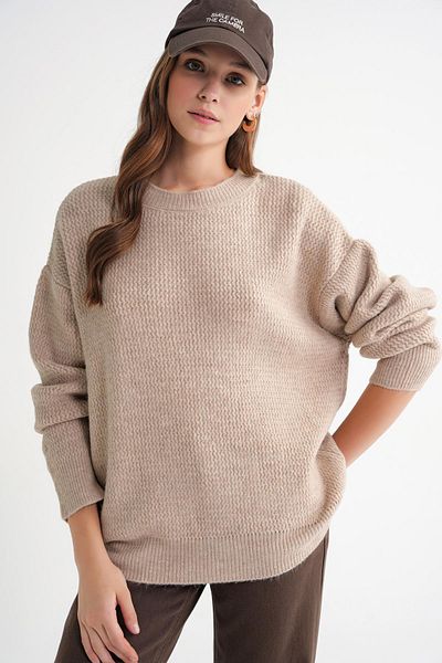 Mixray 6949 Women's Crew Neck Thin Knitted Sweater Beige