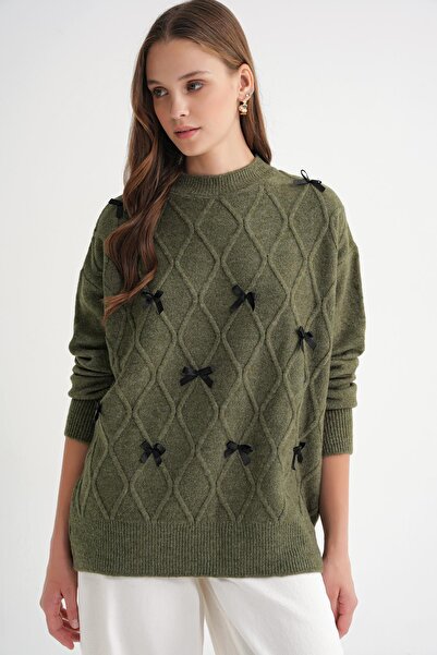 Mixray 6946 Women's Oversize Crew Neck Ribbon Knitwear Sweater Khaki