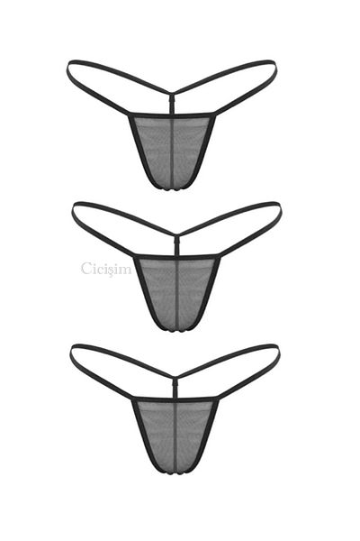 Cicişim Black 3-Piece See-Through Plus Size Option Thong String Inner Wear