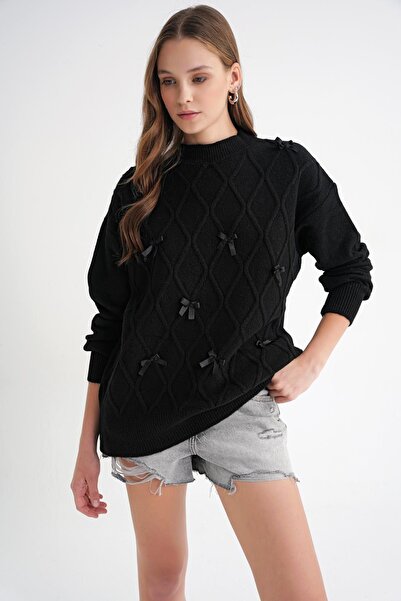 Mixray 6946 Women's Oversize Crew Neck Ribbon Knitwear Sweater Black