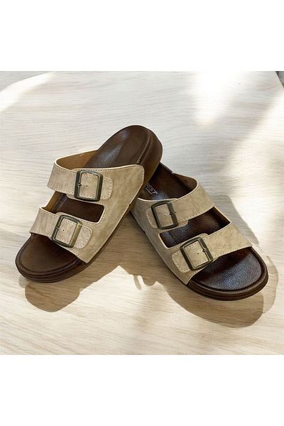 KAFKASLAR AYAKKABI Orthopedic Two-Buckle Men's Cream Slippers