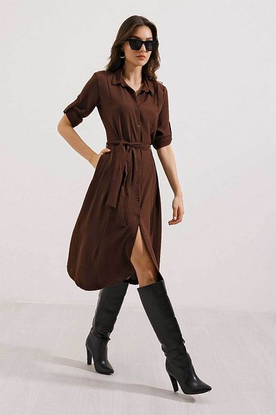 Merterium Women's Belted Shirt Dress Brown 1172