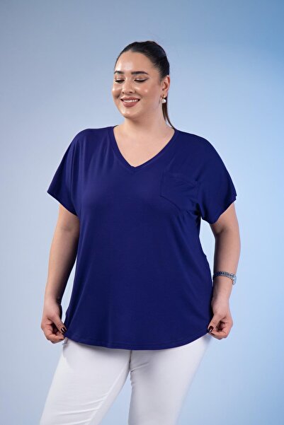 Roxxlen 1122457 Γυναικεία μπλούζα μεγάλου μεγέθους Beria με λαιμόκοψη σε σχήμα V σε μπλε ναυτικό