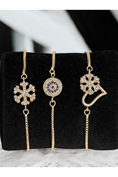 Merand Altın Kaplama Üçlü Bileklik Seti – Kar Tanesi – Nazar Boncuk – Kalpli ...