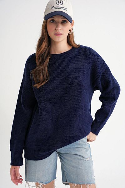 Mixray 6949 Women's Crew Neck Thin Knitted Sweater Navy Blue