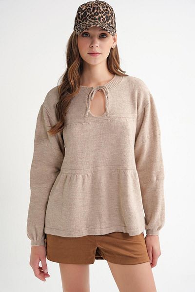 Mixray 6950 Women's Collar Lace-Up Pleated Knitwear Sweater Beige