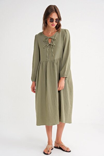 Mixray 4739 Γυναικείο φόρεμα μουσελίνας με γιακά με δέσιμο Çağla