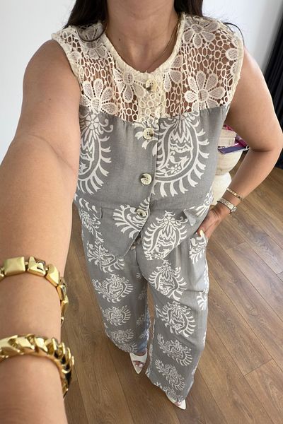 BİRCANÇİL Hendy Khaki Lace Trim Detailed Linen Blouse Pants Set