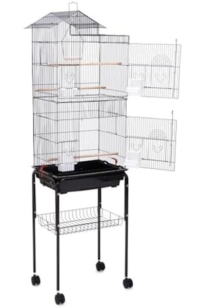 Egardenkart Roof Top Large Bird cage with Rolling Stand for Cockatiel Sun Conure Parakeet (Black)