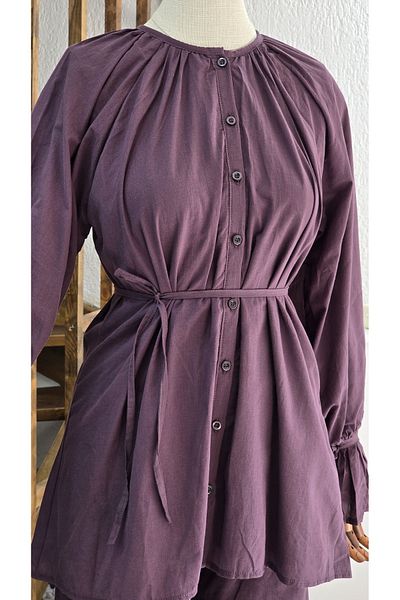 NANTİREA Plum Hijab Sleeves Ruffle Waist Belted Pants Suit