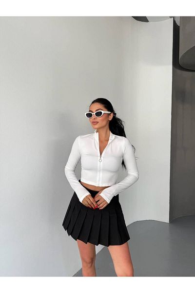 LE CARAMBOLE Women's White Zippered Diving Fabric Finger Snap Cardigan